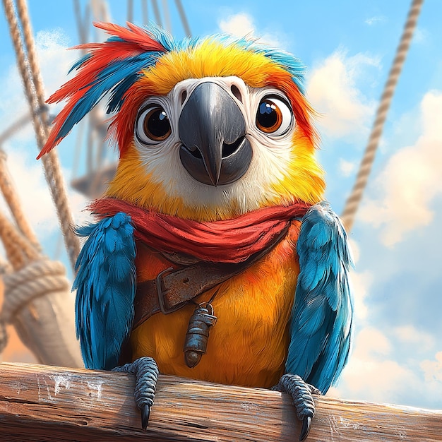 Photo a parrot pirate sitting on top of the mast in a cartoon style with a white background concept art