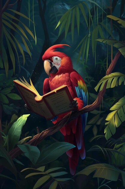 a parrot reading a book in a jungle with a parrot reading a book