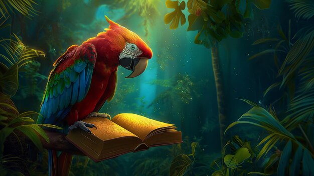 parrot reading book at night in jungle