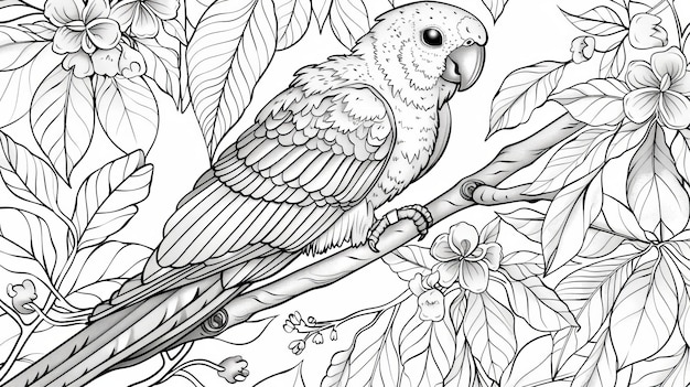 Photo a parrot rests on a branch surrounded by intricate floral and leaf patterns inviting creativity and relaxation through coloring in this detailed design