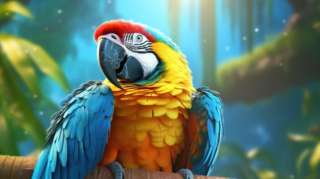 A parrot sits on a branch in front of a forest.