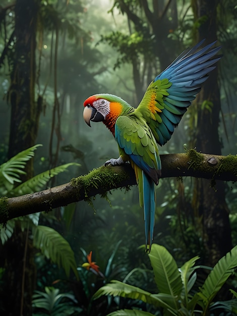 a parrot sits on a branch in a jungle with tropical plants