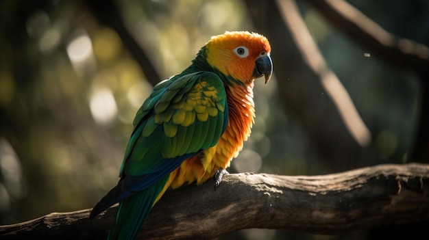 A parrot sits on a branch in the sun