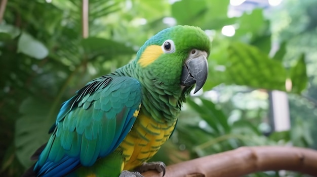 A parrot sits on a branch in a tropical setting.