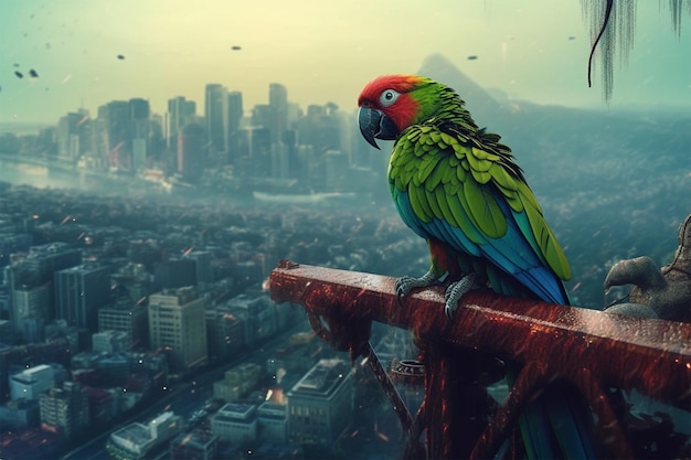 parrot sits on a branch with a city in the background