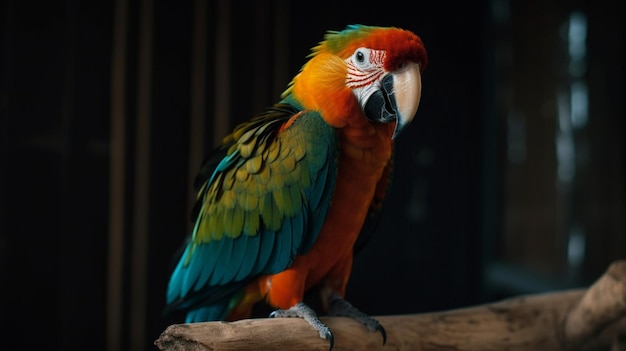 A parrot sits on a branch with a dark background.