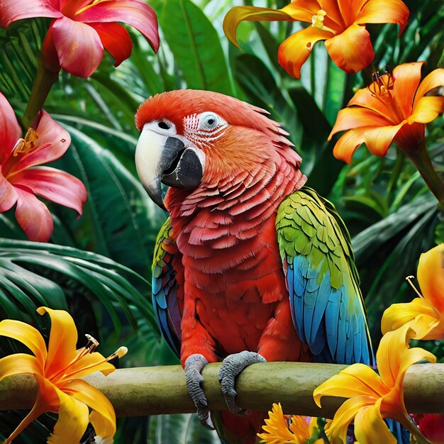 A parrot sits on a branch with flowers in the background