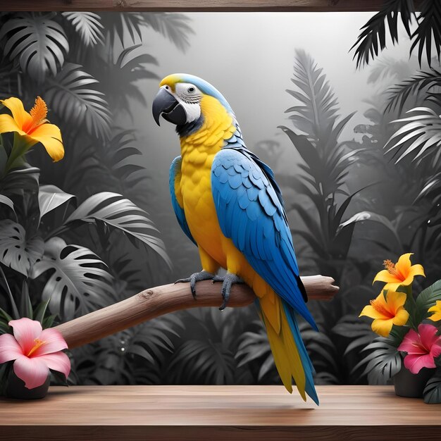 Photo a parrot sits on a branch with flowers and a frame for a photo