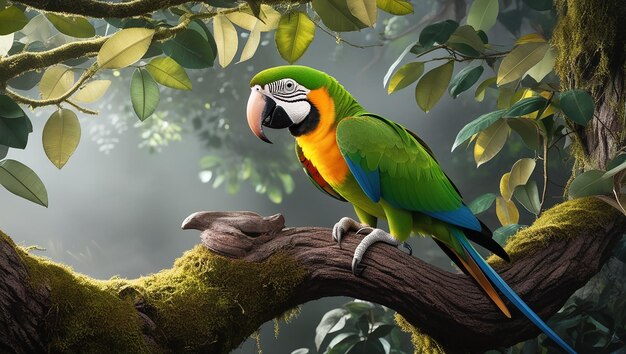 a parrot sits on a branch with leaves and a bird on it