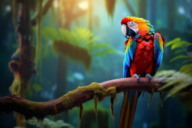 Photo a parrot sits on a branch with the sun shining through the trees