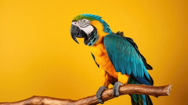 A parrot sits on a branch with a yellow background.