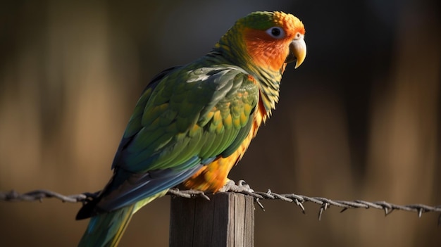 A parrot sits on a fence post.