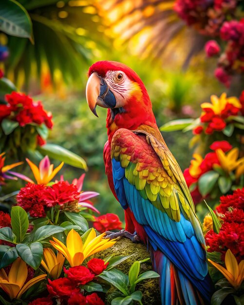 A Parrot sits on a flower with the sun behind it