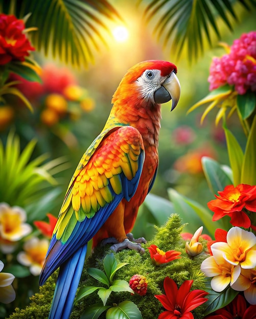 A Parrot sits on a flower with the sun behind it