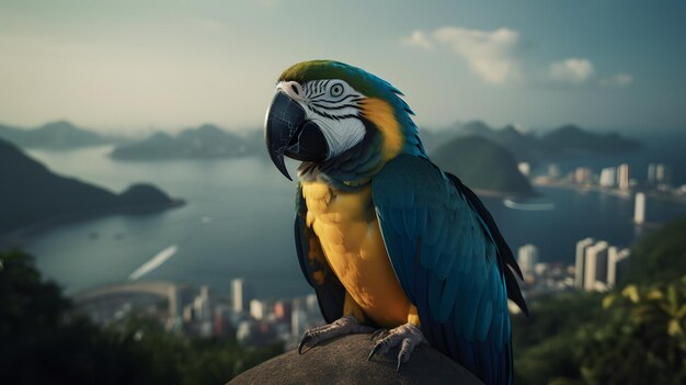 A parrot sits on a rock in front of a cityscape.