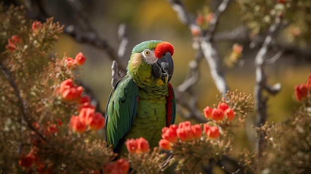 A parrot sits in a tree with red flowers.