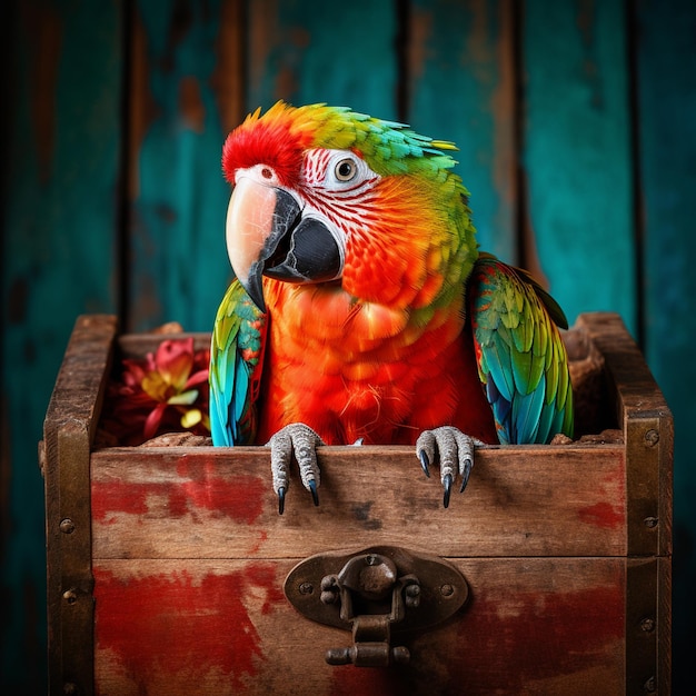 a parrot sits in a wooden box with a red and green parrot on the top.