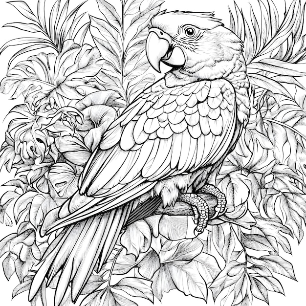 Photo parrot sitting on a branch among tropical plants coloring book for adults black and white vector i