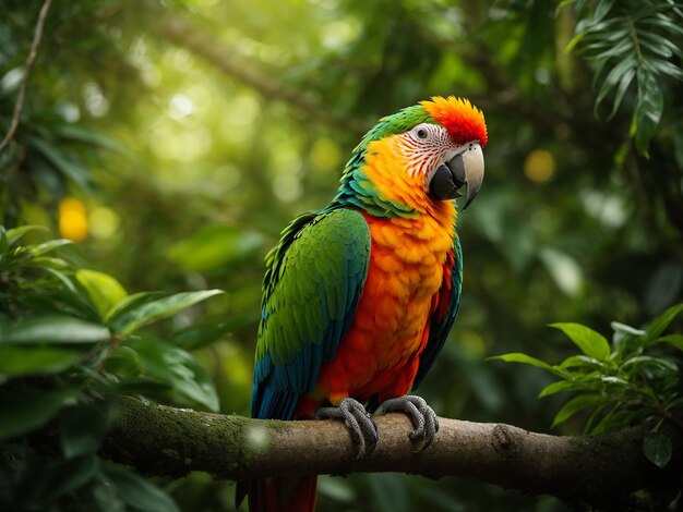 A parrot sitting on a tree branch surrounded by lush greenery