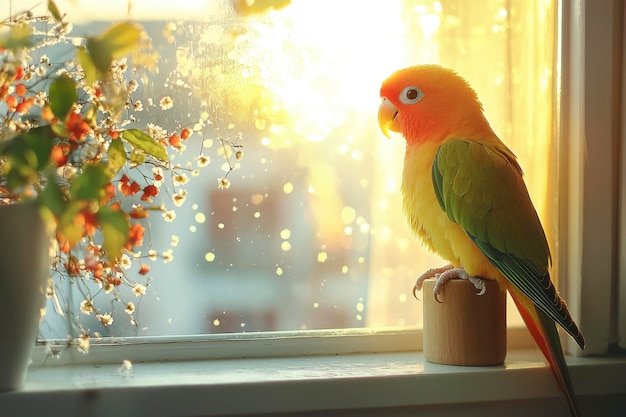 Photo a parrot sitting on a wooden perch by a window with sunlight streaming in