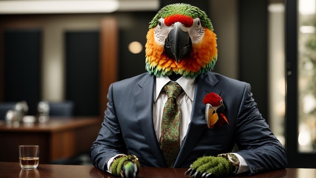 A parrot in a suit giving a presentation in a boardroom