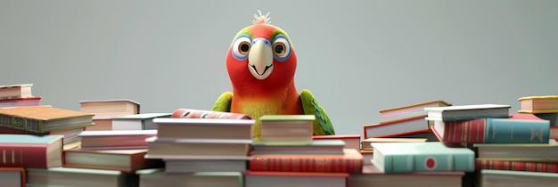 Photo parrot surrounded by books