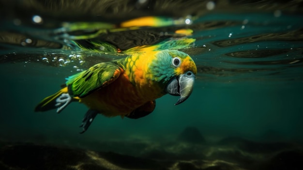 Parrot swimming underwater Abstract unreal illustration AI generative