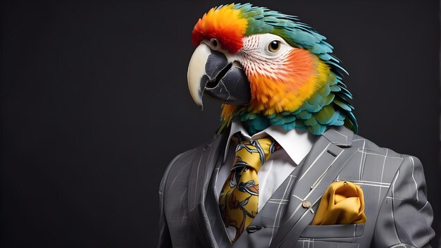 Photo a parrot wearing a suit with a yellow tie and a tie