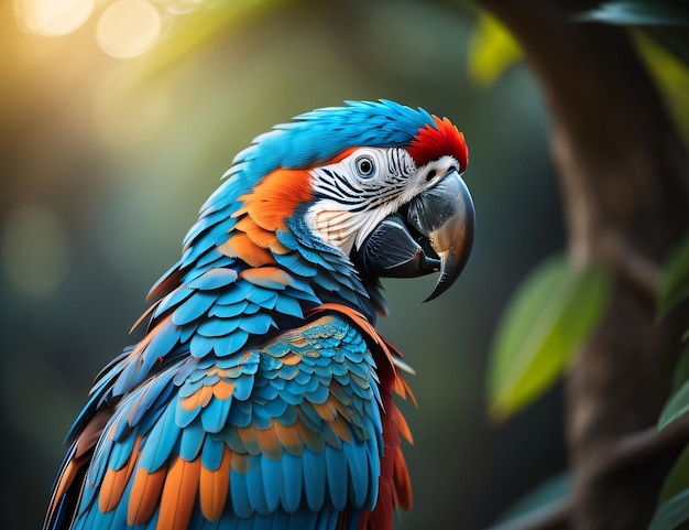 A parrot with blue and red feathers sits in a tree.