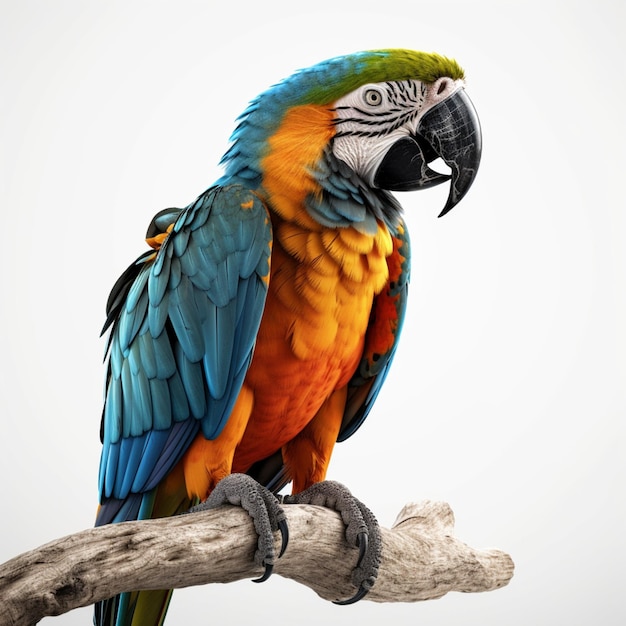 A parrot with a blue and yellow face sits on a branch.