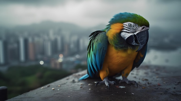 A parrot with a blue and yellow face sits on a ledge in front of a cityscape.