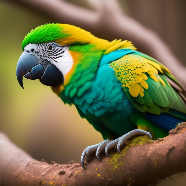 A parrot with a blue and yellow head is sitting on a branch.