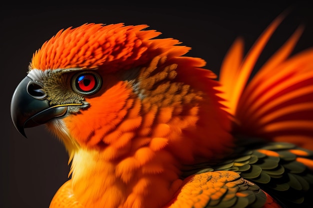 A parrot with bright orange feathers and yellow feathers sits in front of a dark background.