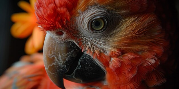 Photo a parrot with a flower in the background showing its face up close