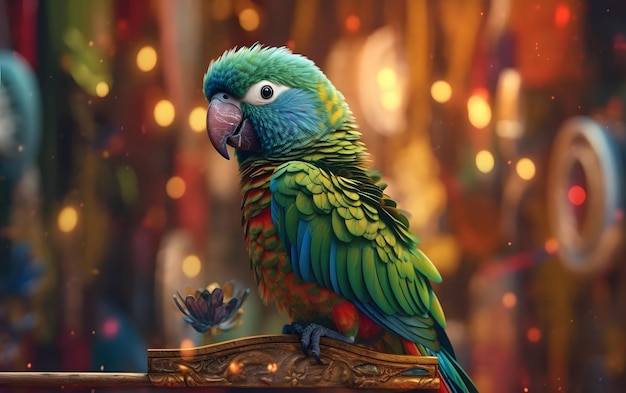 A parrot with a gold frame in the background