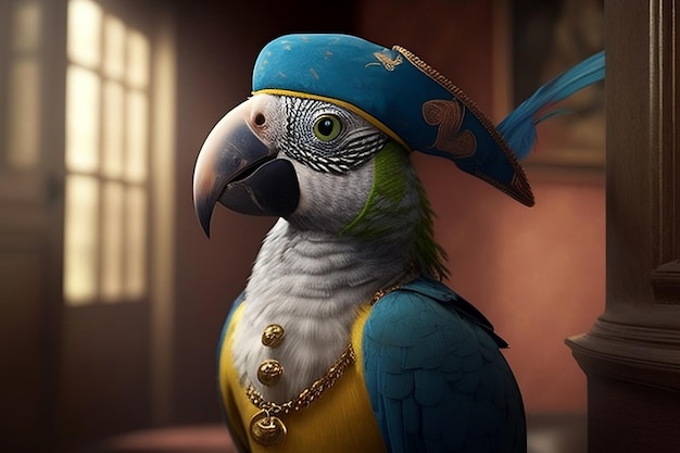 A parrot with a gold necklace and a blue hat with the number 2 on it.