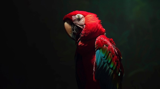 a parrot with a green eye and a red and blue tail