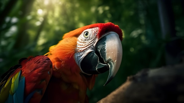 A parrot with a large beak is sitting on a tree branch.