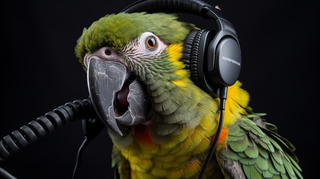 A parrot with a microphone and headphones