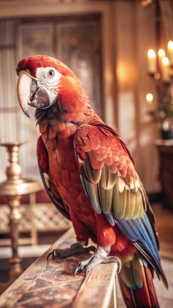 a parrot with a red beak and yellow and blue feathers