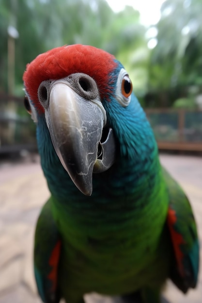 A parrot with a red head and blue head is looking at the camera.