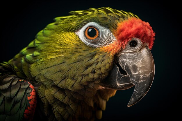 a parrot with a red head and yellow beak