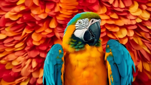 A parrot with a red and orange background behind it