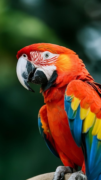 A parrot with a red and yellow face and a black beak with a red line around the top