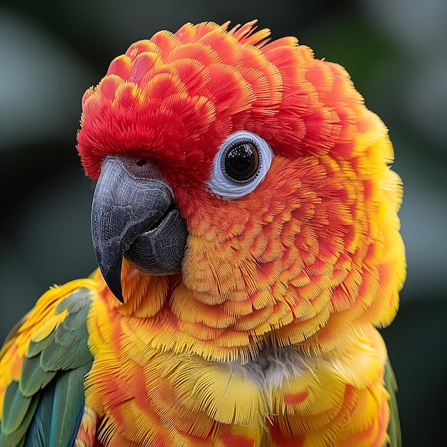 a parrot with a red and yellow feathers on its head