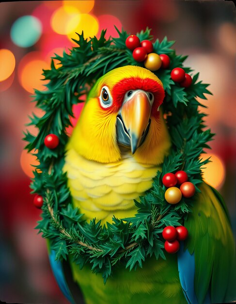 Photo a parrot with a wreath of red berries on its head