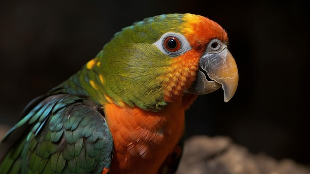 A parrot with a yellow beak and orange feathers.