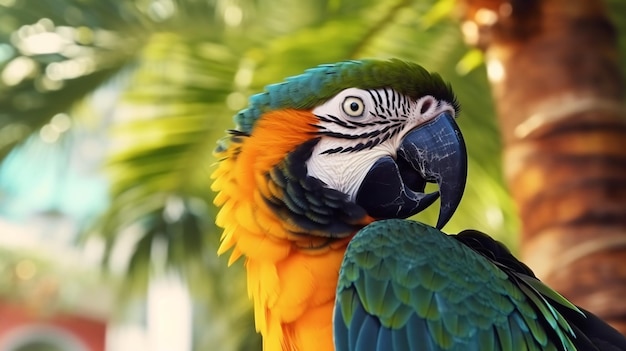 A parrot with a yellow and blue face sits on a palm tree.