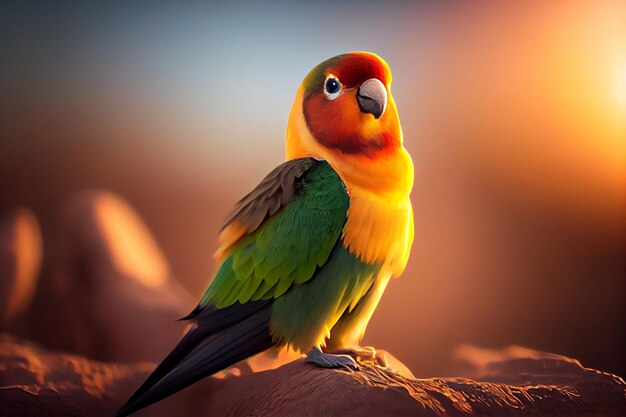 A parrot with a yellow head and green feathers sits on a rock