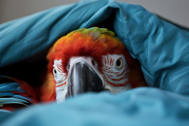 A parrot wrapped in a blanket